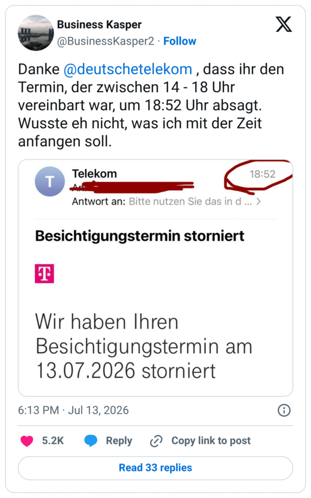 Danke @deutschetelekom , dass ihr den Termin, der zwischen 14 - 18 Uhr vereinbart war, um 18:52 Uhr absagt. Wusste eh nicht, was ich mit der Zeit anfangen soll.