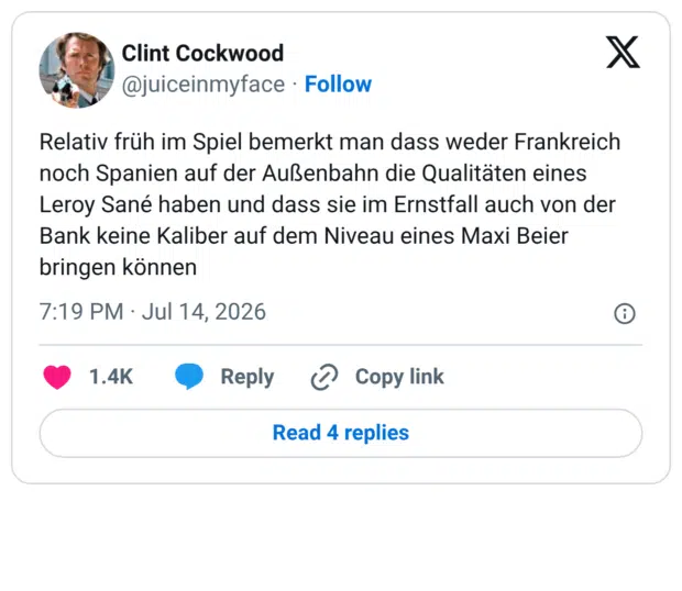 Relativ früh im Spiel bemerkt man dass weder Frankreich noch Spanien auf der Außenbahn die Qualitäten eines Leroy Sané haben und dass sie im Ernstfall auch von der Bank keine Kaliber auf dem Niveau eines Maxi Beier bringen können