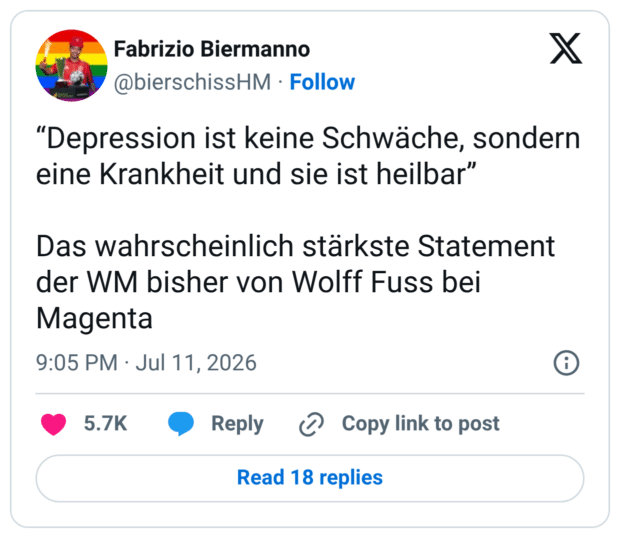 “Depression ist keine Schwäche, sondern eine Krankheit und sie ist heilbar” Das wahrscheinlich stärkste Statement der WM bisher von Wolff Fuss bei Magenta