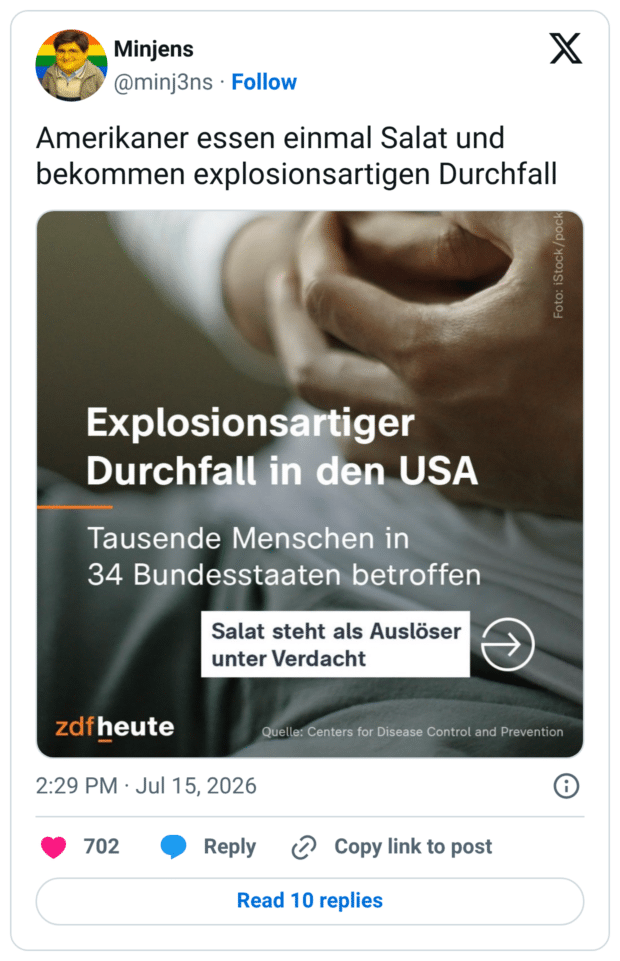 Amerikaner essen einmal Salat und bekommen explosionsartigen Durchfall E