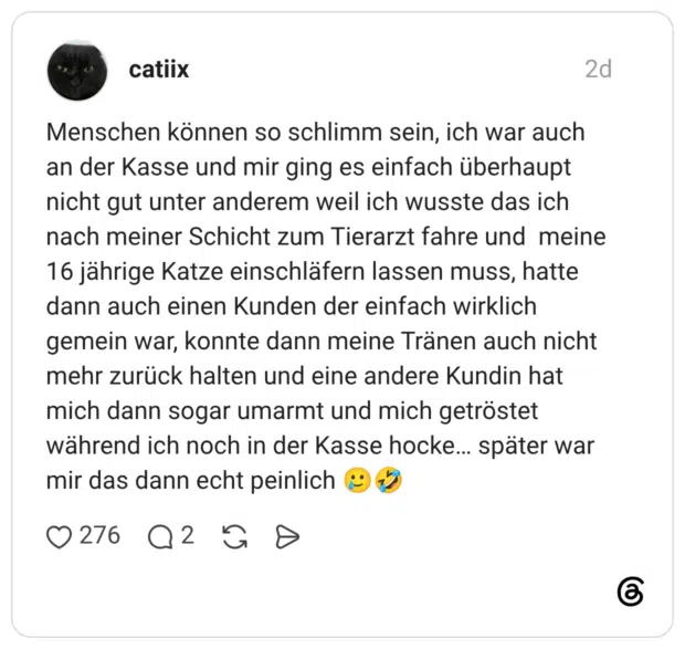Menschen können so schlimm sein, ich war auch an der Kasse und mir ging es einfach überhaupt nicht gut unter anderem weil ich wusste das ich nach meiner Schicht zum Tierarzt fahre und meine 16 jährige Katze einschläfern lassen muss, hatte dann auch einen Kunden der einfach wirklich gemein war, konnte dann meine Tränen auch nicht mehr zurück halten und eine andere Kundin hat mich dann sogar umarmt und mich getröstet während ich noch in der Kasse hocke… später war mir das dann echt peinlich 🥲🤣