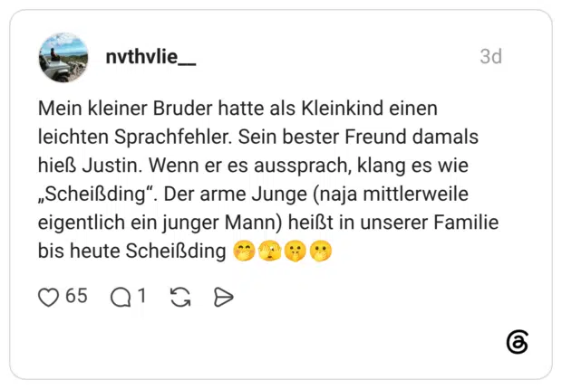 Mein kleiner Bruder hatte als Kleinkind einen leichten Sprachfehler. Sein bester Freund damals hieß Justin. Wenn er es aussprach, klang es wie „Scheißding". Der arme Junge (naja mittlerweile eigentlich ein junger Mann) heißt in unserer Familie bis heute Scheißding