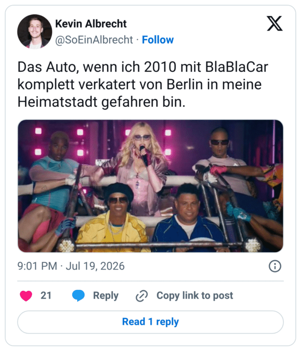 Das Auto, wenn ich 2010 mit BlaBlaCar komplett verkatert von Berlin in meine Heimatstadt gefahren bin.
