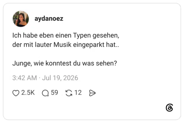 Ich habe eben einen Typen gesehen, der mit lauter Musik eingeparkt hat.. Junge, wie konntest du was sehen?