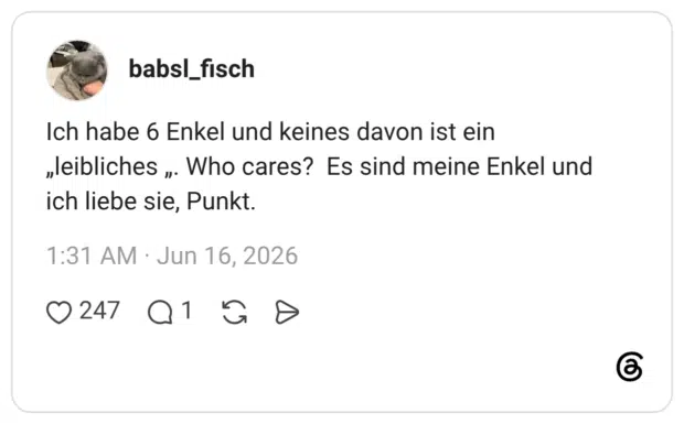 Ich habe 6 Enkel und keines davon ist ein „leibliches ,. Who cares? Es sind meine Enkel und ich liebe sie, Punkt