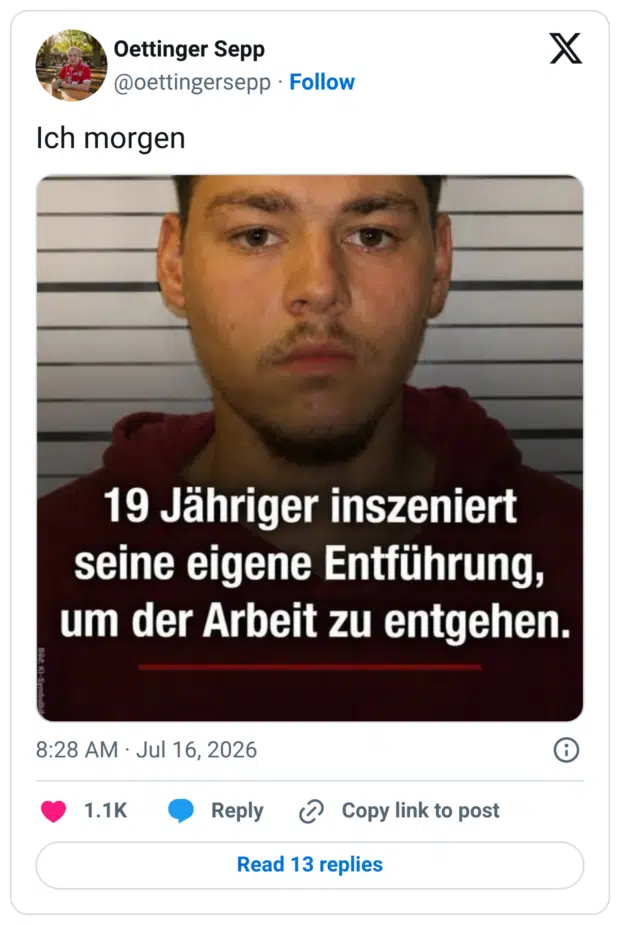 19 Jähriger inszeniert seine eigene Entführung, um der Arbeit zu entgehen