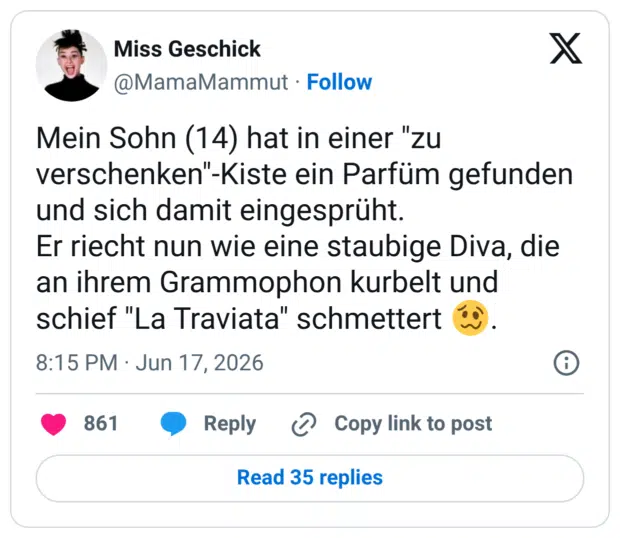 Mein Sohn (14) hat in einer "zu verschenken"-Kiste ein Parfüm gefunden und sich damit eingesprüht. Er riecht nun wie eine staubige Diva, die an ihrem Grammophon kurbelt und schief "La Traviata" schmettert
