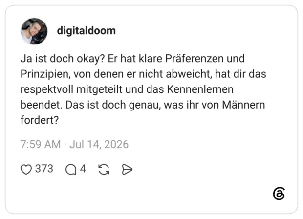 Ja ist doch okay? Er hat klare Präferenzen und Prinzipien, von denen er nicht abweicht, hat dir das respektvoll mitgeteilt und das Kennenlernen beendet. Das ist doch genau, was ihr von Männern fordert?