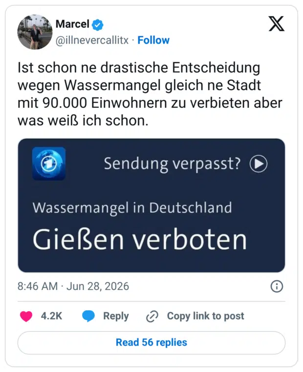 Ist schon ne drastische Entscheidung wegen Wassermangel gleich ne Stadt mit 90.000 Einwohnern zu verbieten aber was weiß ich schon.