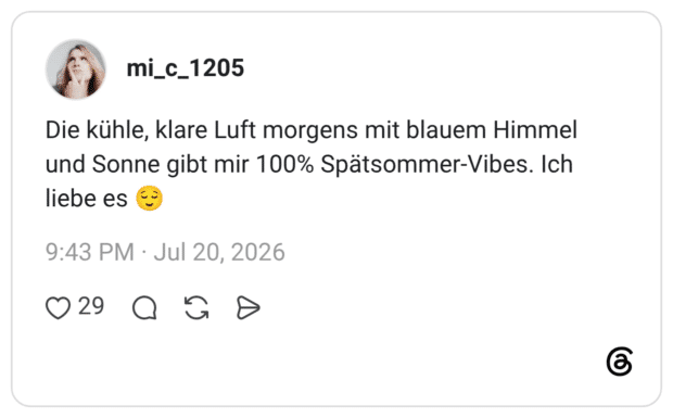 Die kühle, klare Luft morgens mit blauem Himmel und Sonne gibt mir 100% Spätsommer-Vibes. Ich liebe es 😌