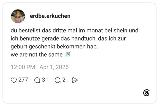du bestellst das dritte mal im monat bei shein und ich benutze gerade das handtuch, das ich zur geburt geschenkt bekommen hab. we are not the same 🚿