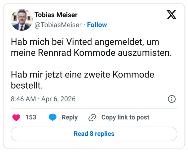 Hab mich bei Vinted angemeldet, um meine Rennrad Kommode auszumisten. Hab mir jetzt eine zweite Kommode bestellt.