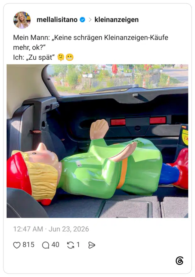 mellalisitano v Mein Mann: „Keine schrägen Kleinanzeigen-Käufe mehr, ok?" Ich: „Zu spät"
