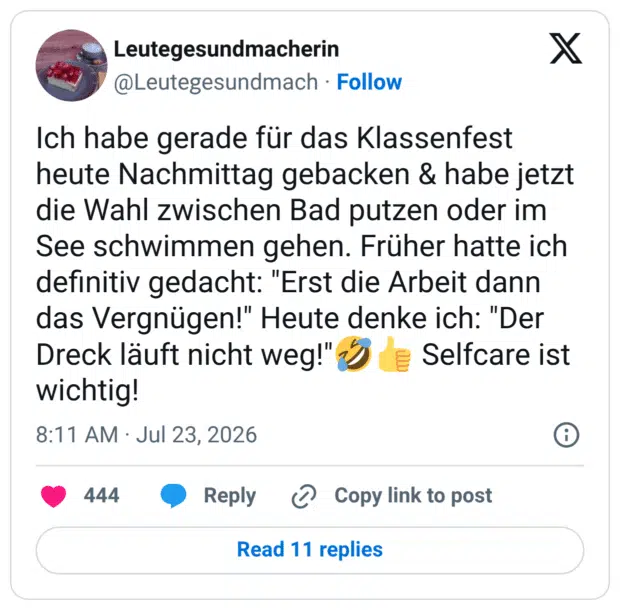 Ich habe gerade für das Klassenfest heute Nachmittag gebacken & habe jetzt die Wahl zwischen Bad putzen oder im See schwimmen gehen. Früher hatte ich definitiv gedacht: "Erst die Arbeit dann das Vergnügen!" Heute denke ich: "Der Dreck läuft nicht weg!"🤣👍 Selfcare ist wichtig!