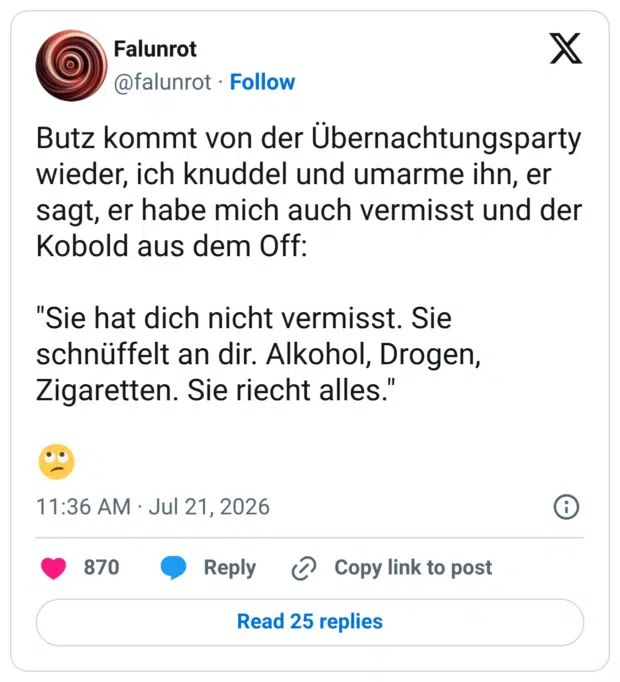 Butz kommt von der Übernachtungsparty wieder, ich knuddel und umarme ihn, er sagt, er habe mich auch vermisst und der Kobold aus dem Off: "Sie hat dich nicht vermisst. Sie schnüffelt an dir. Alkohol, Drogen, Zigaretten. Sie riecht alles."