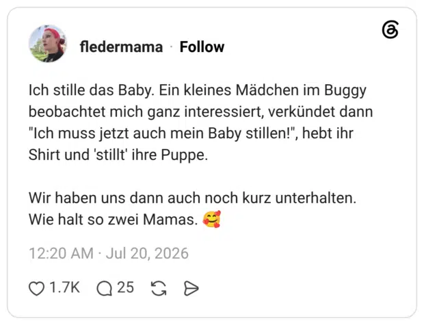 ch stille das Baby. Ein kleines Mädchen im Buggy beobachtet mich ganz interessiert, verkündet dann "Ich muss jetzt auch mein Baby stillen!", hebt ihr Shirt und 'stillt ihre Puppe. Wir haben uns dann auch noch kurz unterhalten. Wie halt so zwei Mamas