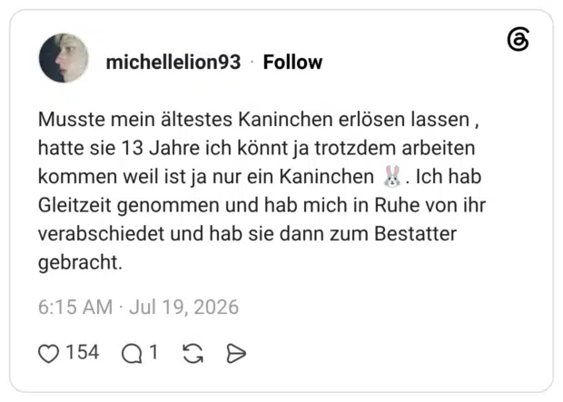 Musste mein ältestes Kaninchen erlösen lassen, hatte sie 13 Jahre ich könnt ja trotzdem arbeiten kommen weil ist ja nur ein Kaninchen. Ich hab Gleitzeit genommen und hab mich in Ruhe von ihr verabschiedet und hab sie dann zum Bestatter gebracht.