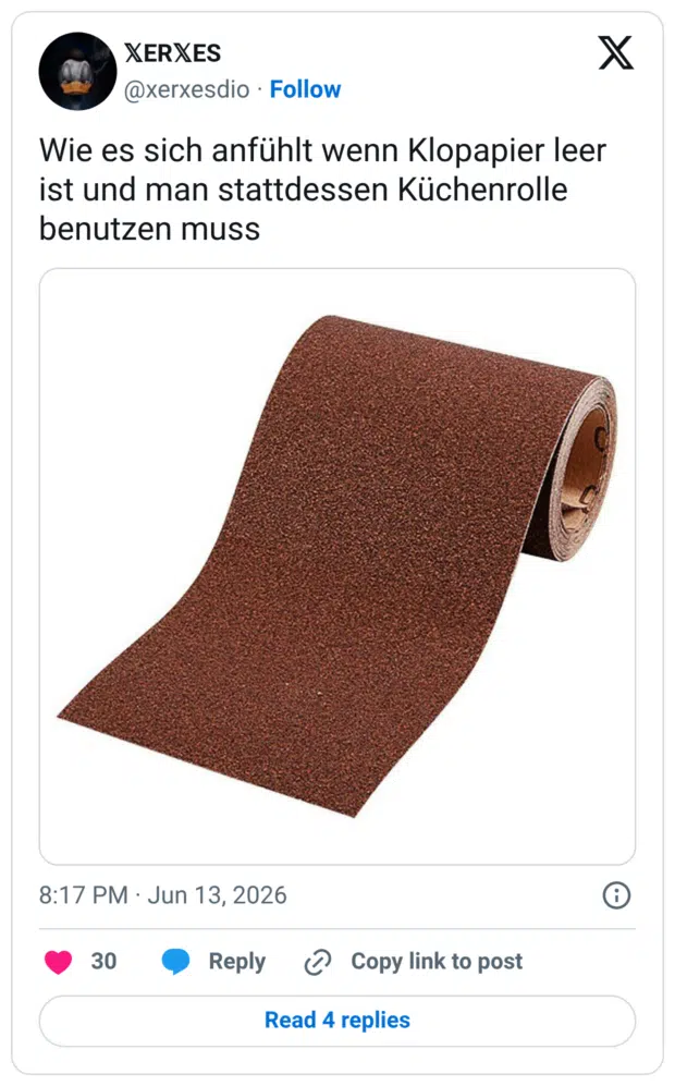 Wie es sich anfühlt wenn Klopapier leer ist und man stattdessen Küchenrolle benutzen muss