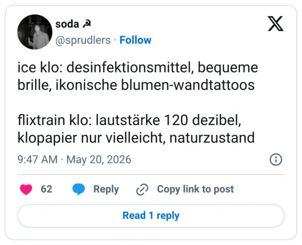 ice klo: desinfektionsmittel, bequeme brille, ikonische blumen-wandtattoos flixtrain klo: lautstärke 120 dezibel, klopapier nur vielleicht, naturzustand