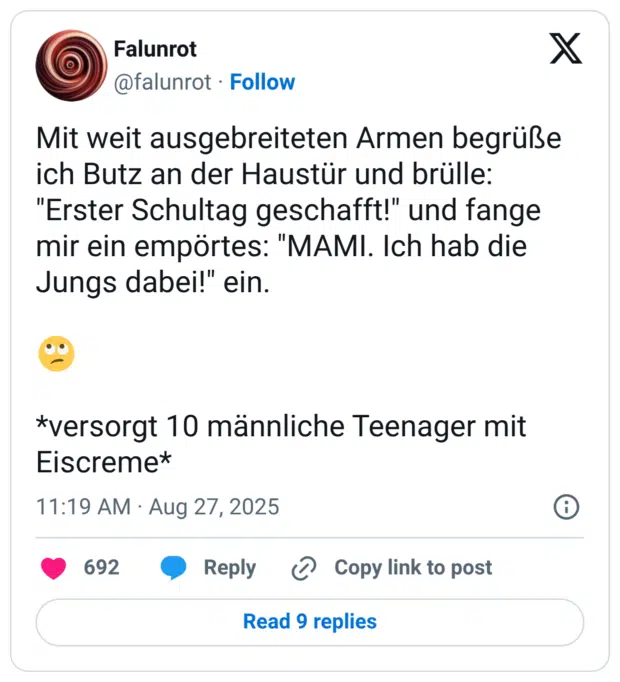 Mit weit ausgebreiteten Armen begrüße ich Butz an der Haustür und brülle: "Erster Schultag geschafft!" und fange mir ein empörtes: "MAMI. Ich hab die Jungs dabei!" ein. *versorgt 10 männliche Teenager mit Eiscreme*