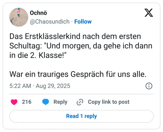 Das Erstklässlerkind nach dem ersten Schultag: "Und morgen, da gehe ich danr in die 2. Klasse!" War ein trauriges Gespräch für uns alle.