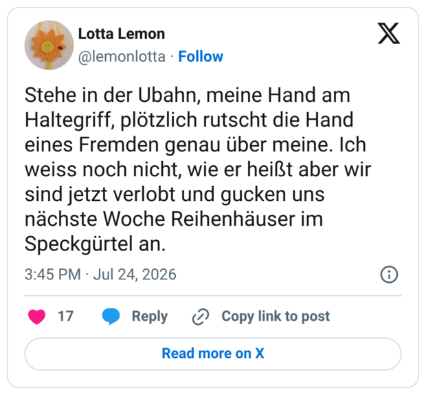 Stehe in der Ubahn, meine Hand am Haltegriff, plötzlich rutscht die Hand eines Fremden genau über meine. Ich weiss noch nicht, wie er heißt aber wir sind jetzt verlobt und gucken uns nächste Woche Reihenhäuser im Speckgürtel an.