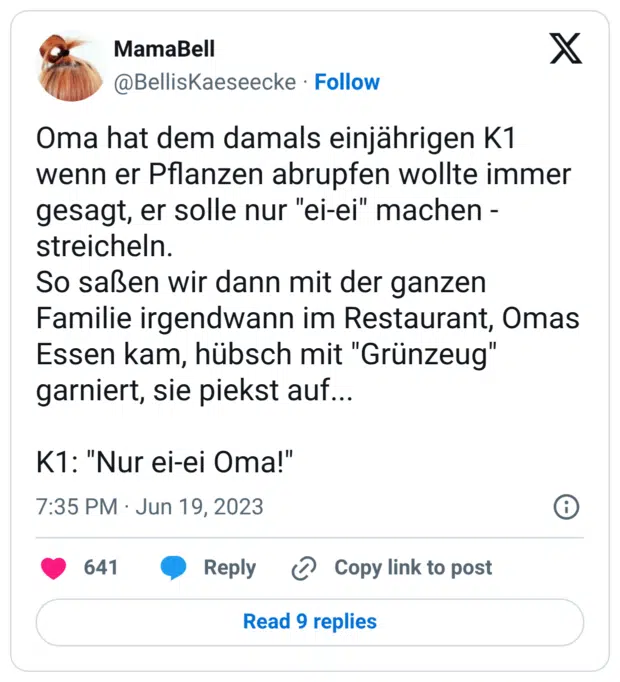 Oma hat dem damals einjährigen K1 wenn er Pflanzen abrupfen wollte immer gesagt, er solle nur "ei-ei" machen streicheln. So saßen wir dann mit der ganzen Familie irgendwann im Restaurant, Omas Essen kam, hübsch mit "Grünzeug" garniert, sie piekst auf... K1: "Nur ei-ei Oma!"