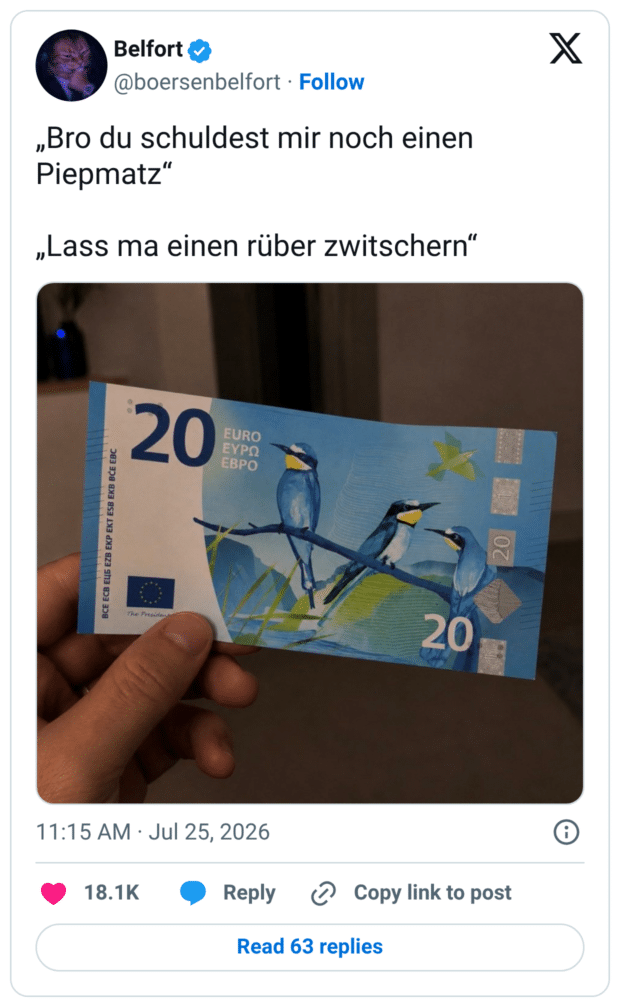 „Bro du schuldest mir noch einen Piepmatz“ „Lass ma einen rüber zwitschern“