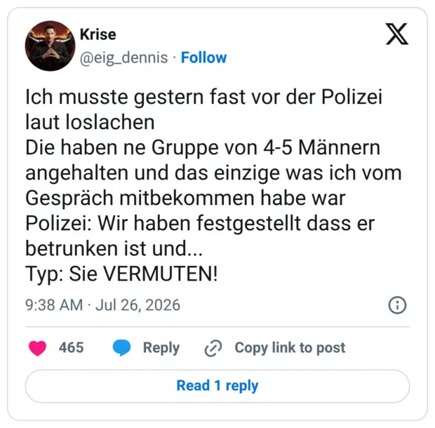 Ich musste gestern fast vor der Polizei laut loslachen Die haben ne Gruppe von 4-5 Männern angehalten und das einzige was ich vom Gespräch mitbekommen habe war Polizei: Wir haben festgestellt dass er betrunken ist und... Typ: Sie VERMUTEN!
