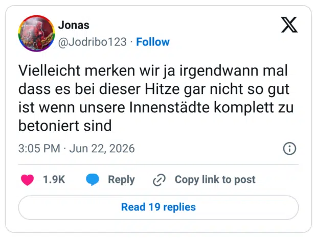 Vielleicht merken wir ja irgendwann mal dass es bei dieser Hitze gar nicht so gut ist wenn unsere Innenstädte komplett zu betoniert sind