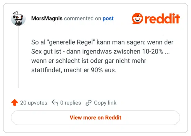 al "generelle Regel" kann man sagen: wenn der Sex gut ist - dann irgendwas zwischen 10-20% ... wenn er schlecht ist oder gar nicht mehr stattfindet, macht er 90% aus.