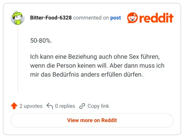 50-80%. Ich kann eine Beziehung auch ohne Sex führen, wenn die Person keinen will. Aber dann muss ich mir das Bedürfnis anders erfüllen dürfen.