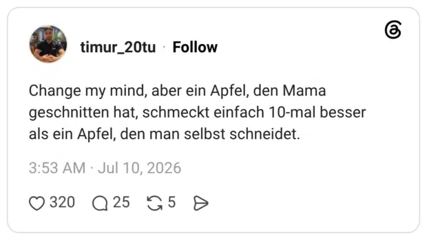 Change my mind, aber ein Apfel, den Mama geschnitten hat, schmeckt einfach 10-mal besser als ein Apfel, den man selbst schneidet.