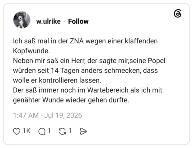 Ich saß mal in der ZNA wegen einer klaffenden Kopfwunde. Neben mir saß ein Herr, der sagte mir,seine Popel würden seit 14 Tagen anders schmecken, dass wolle er kontrollieren lassen. Der saß immer noch im Wartebereich als ich mit genähter Wunde wieder gehen durfte.