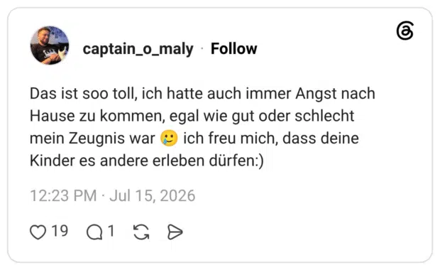 Das ist soo toll, ich hatte auch immer Angst nach Hause zu kommen, egal wie gut oder schlecht mein Zeugnis war 🥲 ich freu mich, dass deine Kinder es andere erleben dürfen:)