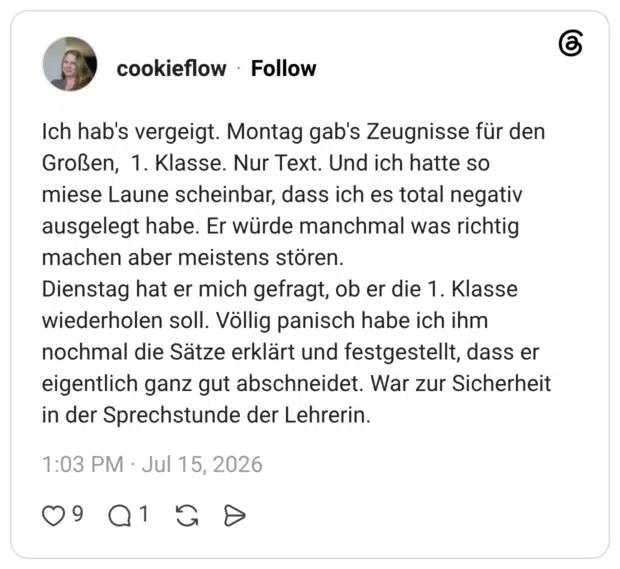 Ich hab's vergeigt. Montag gab's Zeugnisse für den Großen, 1. Klasse. Nur Text. Und ich hatte so miese Laune scheinbar, dass ich es total negativ ausgelegt habe. Er würde manchmal was richtig machen aber meistens stören. Dienstag hat er mich gefragt, ob er die 1. Klasse wiederholen soll. Völlig panisch habe ich ihm nochmal die Sätze erklärt und festgestellt, dass er eigentlich ganz gut abschneidet. War zur Sicherheit in der Sprechstunde der Lehrerin.