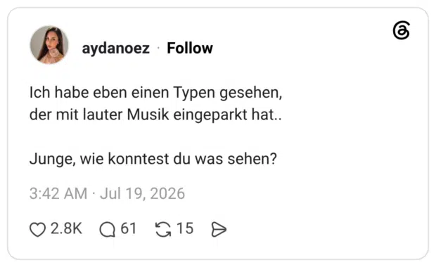 Ich habe eben einen Typen gesehen, der mit lauter Musik eingeparkt hat.. Junge, wie konntest du was sehen?