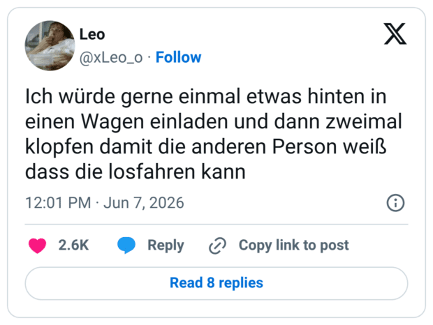 Ich würde gerne einmal etwas hinten in einen Wagen einladen und dann zweimal klopfen damit die anderen Person weiß dass die losfahren kann