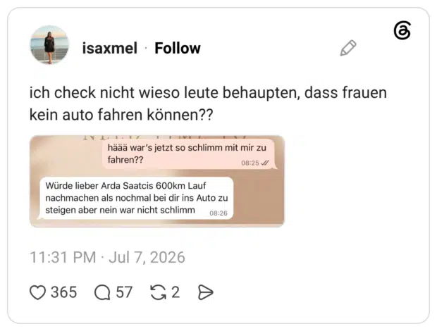ich check nicht wieso leute behaupten, dass frauen kein auto fahren können??