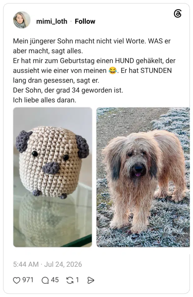 Mein jüngerer Sohn macht nicht viel Worte. WAS er aber macht, sagt alles. Er hat mir zum Geburtstag einen HUND gehäkelt, der aussieht wie einer von meinen 😂. Er hat STUNDEN lang dran gesessen, sagt er. Der Sohn, der grad 34 geworden ist. Ich liebe alles daran.