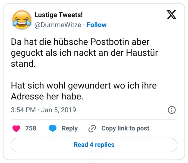 Da hat die hübsche Postbotin aber geguckt als ich nackt an der Haustür stand. Hat sich wohl gewundert wo ich ihre Adresse her habe.