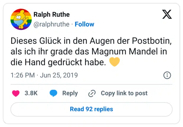 Dieses Glück in den Augen der Postbotin, als ich ihr grade das Magnum Mandel in die Hand gedrückt habe. 💛