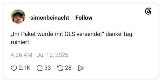 „Ihr Paket wurde mit GLS versendet“ danke Tag ruiniert