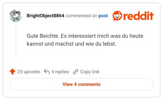 Gute Beichte. Es interessiert mich was du heute kannst und machst und wie du lebst.