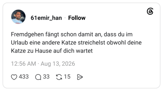Fremdgehen fängt schon damit an, dass du im Urlaub eine andere Katze streichelst obwohl deine Katze zu Hause auf dich wartet