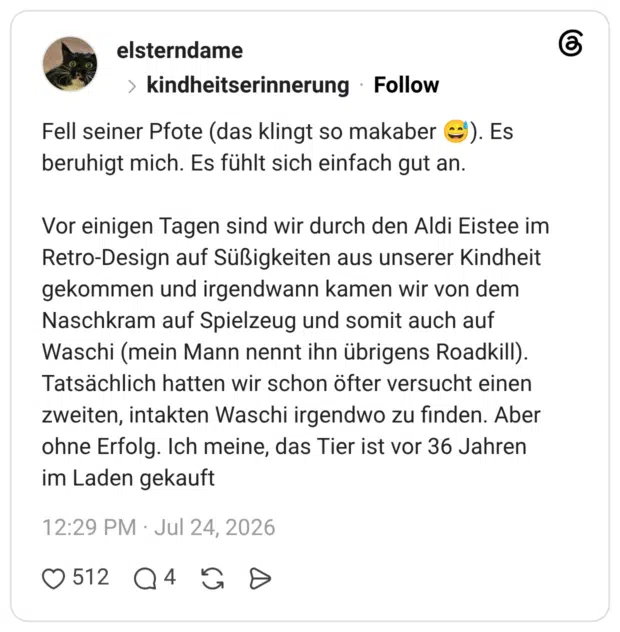Fell seiner Pfote (das klingt so makaber beruhigt mich. Es fühlt sich einfach gut an. ). Es Vor einigen Tagen sind wir durch den Aldi Eistee im Retro-Design auf Süßigkeiten aus unserer Kindheit gekommen und irgendwann kamen wir von dem Naschkram auf Spielzeug und somit auch auf Waschi (mein Mann nennt ihn übrigens Roadkill). Tatsächlich hatten wir schon öfter versucht einen zweiten, intakten Waschi irgendwo zu finden. Aber ohne Erfolg. Ich meine, das Tier ist vor 36 Jahren im Laden gekauft