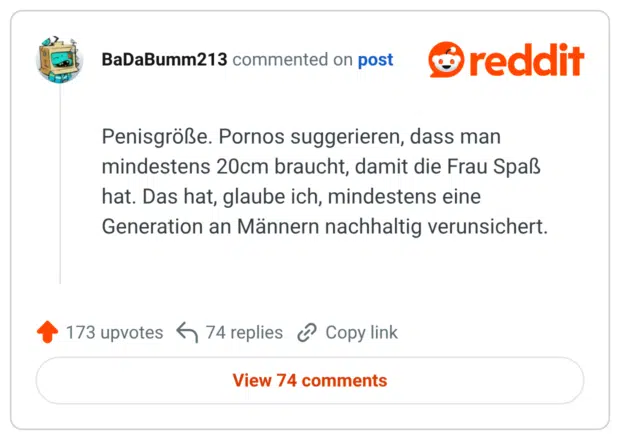Penisgröße. Pornos suggerieren, dass man mindestens 20cm braucht, damit die Frau Spaß hat. Das hat, glaube ich, mindestens eine Generation an Männern nachhaltig verunsichert.