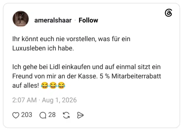 Ihr könnt euch nie vorstellen, was für ein Luxusleben ich habe. Ich gehe bei Lidl einkaufen und auf einmal sitzt ein Freund von mir an der Kasse. 5 % Mitarbeiterrabatt auf alles!