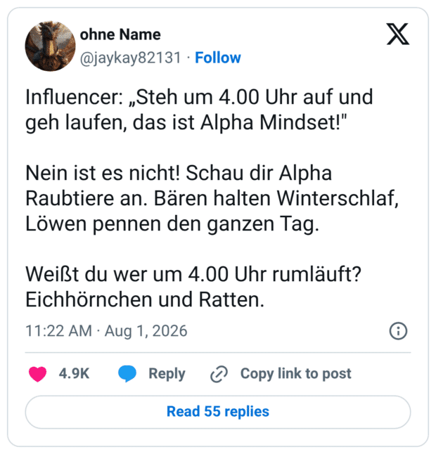Influencer: „Steh um 4.00 Uhr auf und geh laufen, das ist Alpha Mindset!" Nein ist es nicht! Schau dir Alpha Raubtiere an. Bären halten Winterschlaf, Löwen pennen den ganzen Tag. Weißt du wer um 4.00 Uhr rumläuft? Eichhörnchen und Ratten.