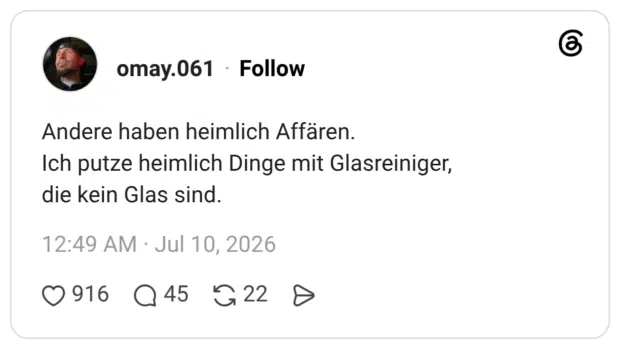 Andere haben heimlich Affären. Ich putze heimlich Dinge mit Glasreiniger, die kein Glas sind.